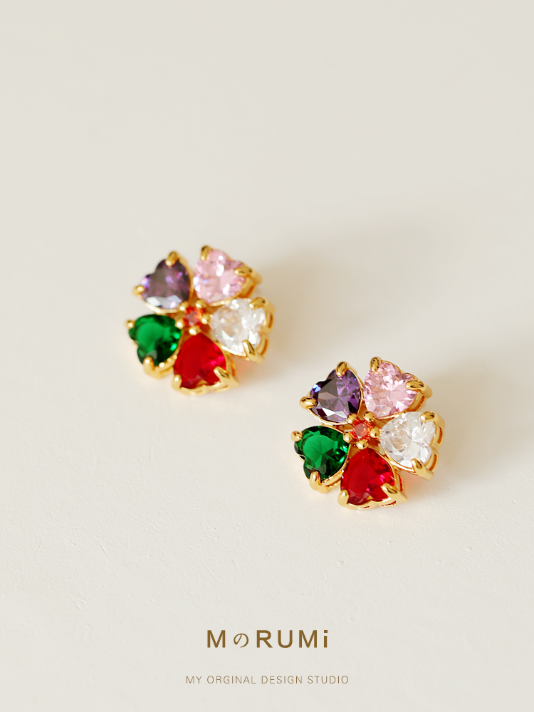 五彩花朵高级感锆石耳钉
