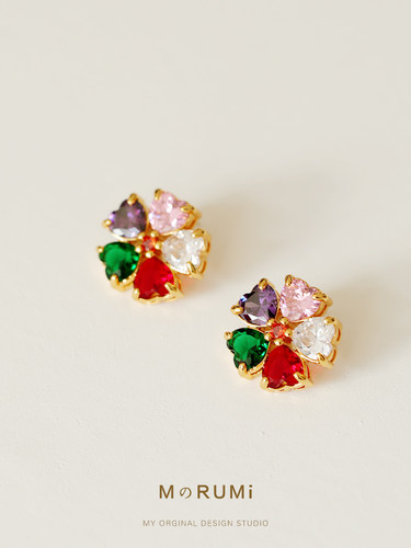 五彩花朵高级感锆石耳钉