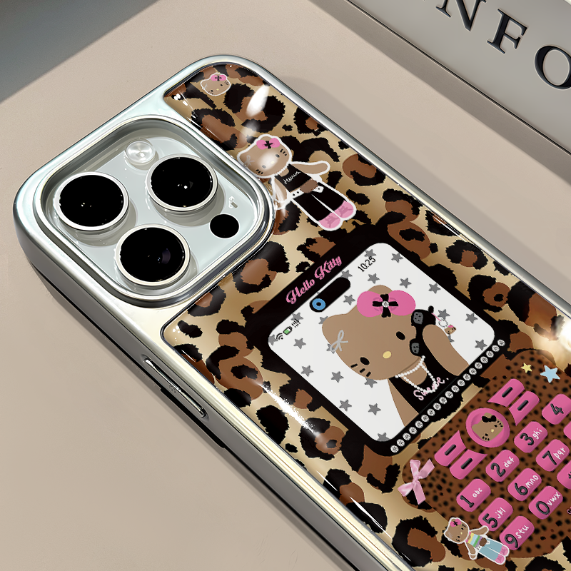 黑皮kitty豹纹适用苹果16pro电镀大孔相框手机壳iphone15卡通可爱华为创意mate70保护套小众小米15新款