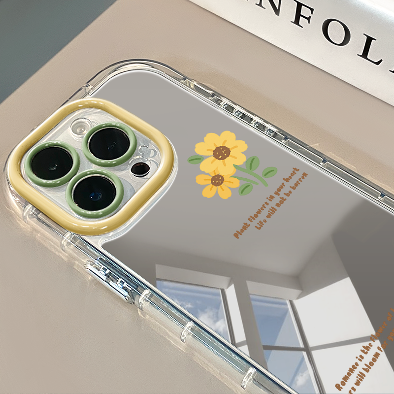 英文向日葵镜面适用于苹果17奶油壳华为oppo新iPhone16promax/14/12promax手机壳真我红米小米13pro/u