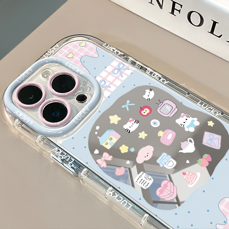 格纹波点猫镜面适用于苹果16pro华为奶油壳oppo苹果15新iPhone14/12/11promax手机壳真我红米小米13pro/u