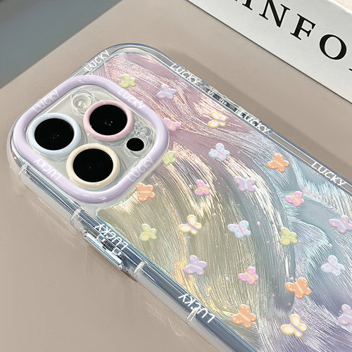 涂鸦小蝴蝶适用苹果17奶油羽纱纹卡通手机壳iphone16可爱华为苹果13创意可爱保护套防摔15ProMax全包