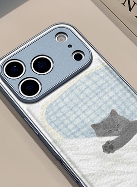 睡觉小猫适用苹果17pro手机壳iphone16pm金属鼓状皮纹华为p80防摔可爱mate70保护套荣耀oppo防摔小米