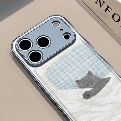 睡觉小猫适用苹果17pro手机壳iphone16pm金属鼓状皮纹华为p80防摔可爱mate70保护套荣耀oppo防摔小米