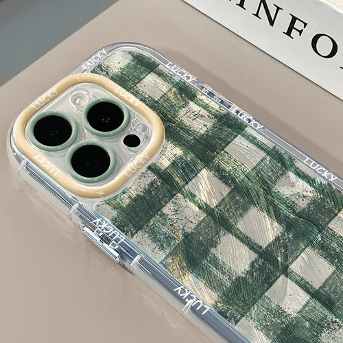 泼墨半透绿格纹适用苹果15奶油羽纱纹卡通手机壳iphone16可爱华为苹果11创意可爱保护套防摔15ProMax全包