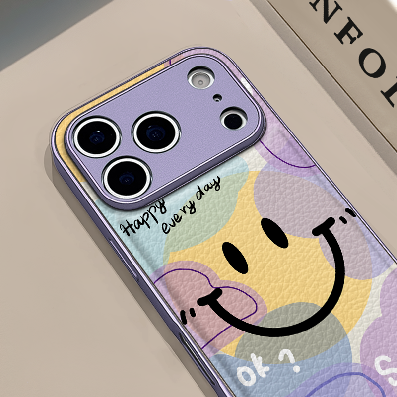笑脸适用苹果17pro手机壳iphone16pm金属鼓状皮纹华为p80防摔可爱mate70保护套荣耀oppo防摔小米