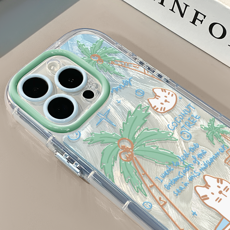 涂鸦海边椰树猫咪适用苹果16奶油羽纱纹卡通手机壳iphone15可爱华为p创意可爱mate70保护套小众小米15新款