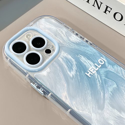 蓝色晕染hello适用苹果16奶油羽纱纹卡通手机壳iphone15可爱华为p创意可爱mate70保护套小众小米15新款