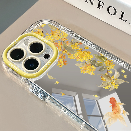 ins简约桂花金鱼镜面适用苹果17promax奶油壳oppo苹果15新iPhone16pro手机壳华为真我红米小米13pro/ultra