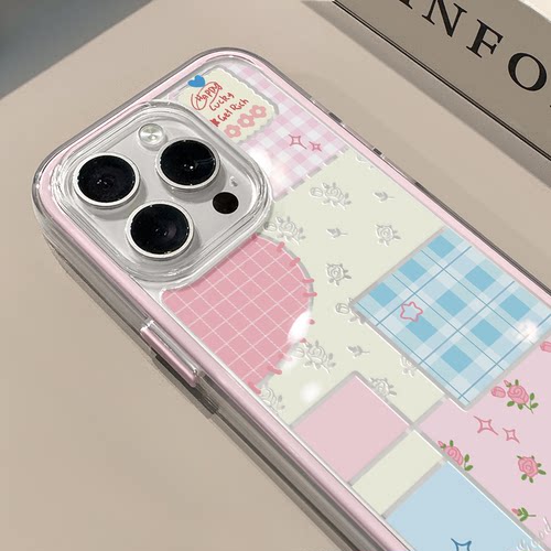格纹碎花拼接适用苹果16pro手机壳iPhone15三合一炫彩可爱14小众华为mate70保护套潮流荣耀200新款创意小米