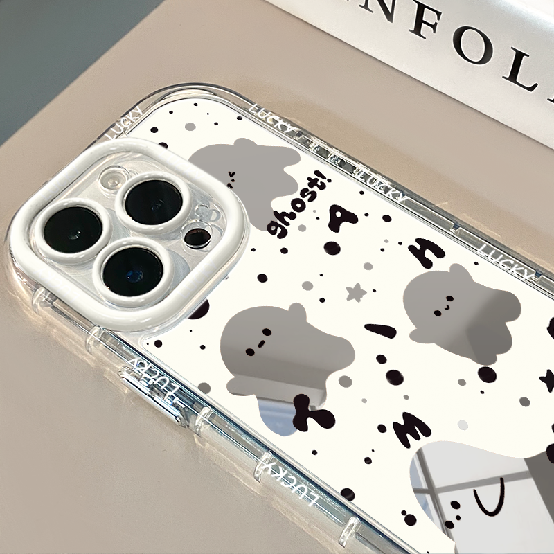 泼墨底小幽灵镜面适用于华为奶油壳oppo苹果15新iPhone16pro/12/11promax手机壳真我红米小米13pro/u