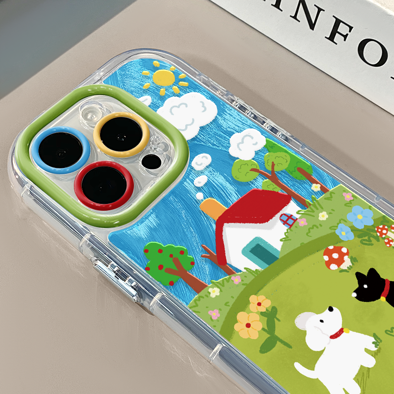 草坪房子小狗适用苹果16奶油羽纱纹卡通手机壳iphone15可爱华为p创意可爱mate70保护套小众小米15新款