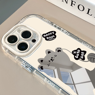镂空毛球小猫粉镜面适用于华为奶油壳oppo苹果15新iPhone14 11promax手机壳真我红米小米13pro