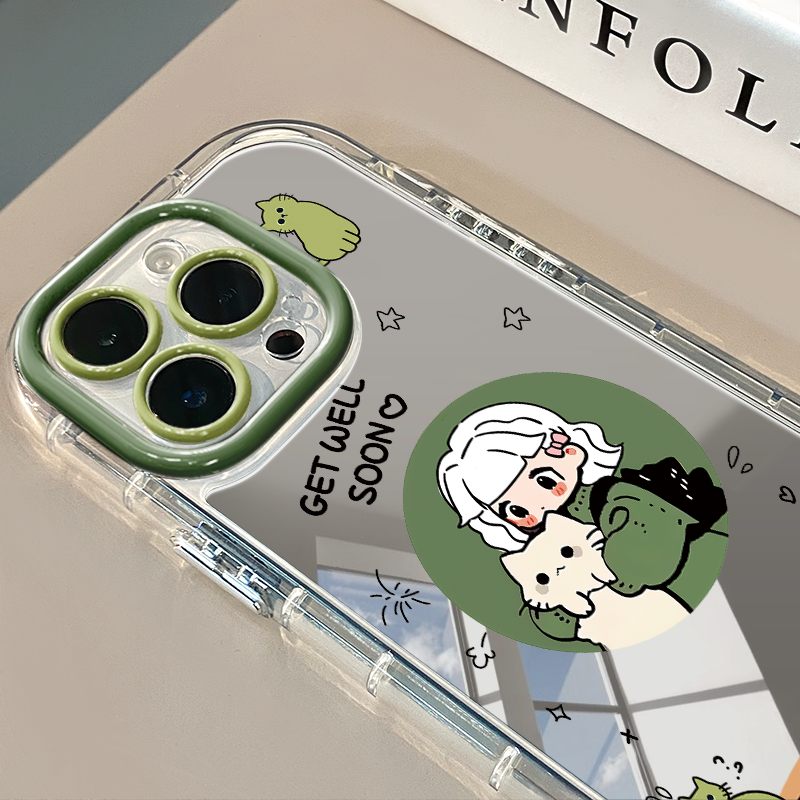 抱猫女孩适用于苹果16pro镜面奶油壳iPhone15手机壳华为p80可爱小米15防摔荣耀保护套mate70小众红米