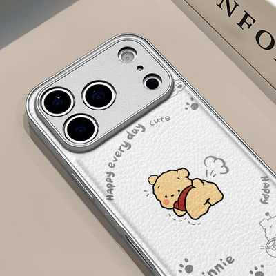 小熊维尼适用苹果17pro手机壳16pm金属鼓状皮纹华为p80防摔可爱mate70保护套荣耀oppo防摔小米