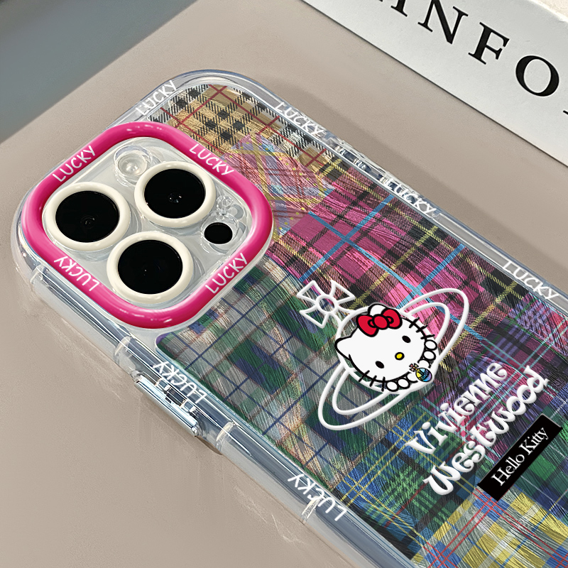 复古格纹KT猫适用苹果15奶油羽纱纹卡通手机壳iphone16pro可爱华为苹果11创意可爱保护套防摔15ProMax全包
