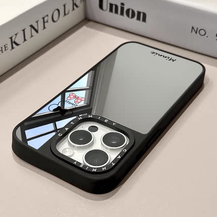 英文米奇头适用苹果16pro黑边手机壳iPhone15镜面可爱ins风14/15/16plus小众女创意13新潮流行12pro新款