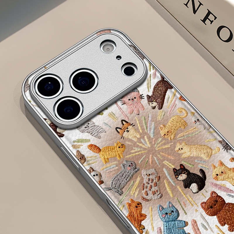 刺绣小猫适用苹果17pro手机壳iphone16pm金属鼓状皮纹华为p80防摔可爱mate70保护套荣耀oppo防摔小米