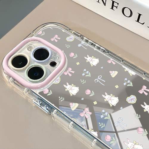 满屏蝴蝶结小兔适用于苹果16promax镜面奶油壳iPhone15手机壳华为p可爱小米15防摔保护套mate70小众新款