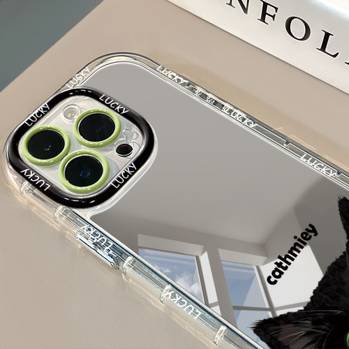黑猫镜面适用于苹果17pro华为奶油壳oppo苹果16新iPhone15/14/13promax手机壳真我红米小米13pro/u