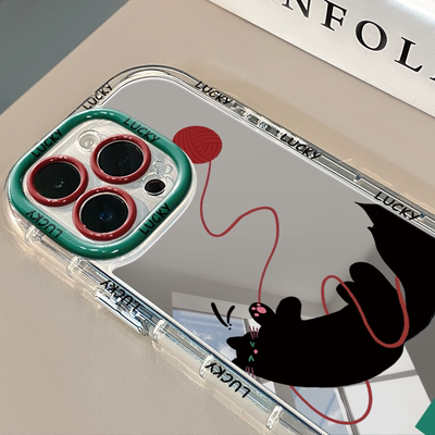 毛线黑猫镜面适用于苹果17pro华为奶油壳oppo苹果16新iPhone15/14/13promax手机壳真我红米小米13pro/u