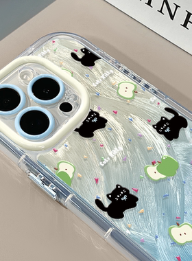 黑猫苹果适用苹果17por奶油羽纱纹air卡通手机壳iphone16pro可爱华为苹果11创意可爱保护套防摔15ProMax全包