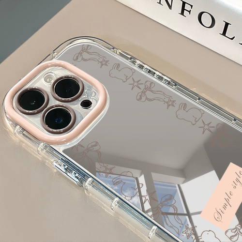 线条蝴蝶结小兔适用于苹果17promax镜面奶油壳iPhone16手机壳华为p可爱小米15防摔潮流保护套mate70小众