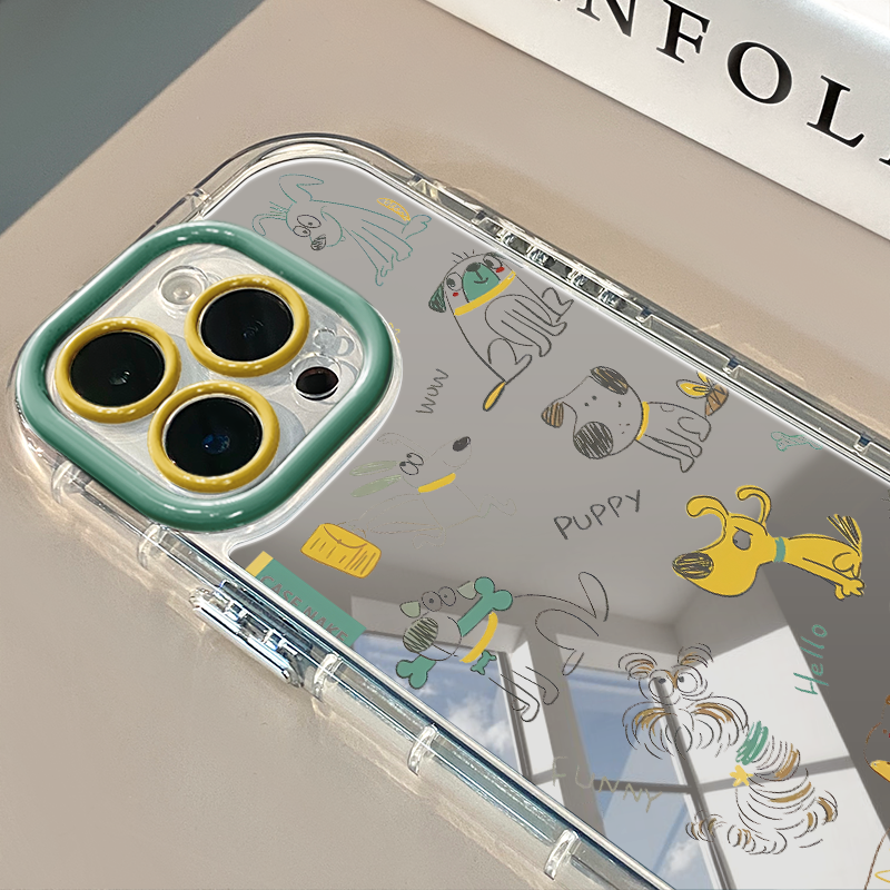 涂鸦黄绿色狗狗适用于苹果16pro镜面奶油壳iPhone15手机壳华为p80可爱小米15防摔荣耀保护套mate70小众红米