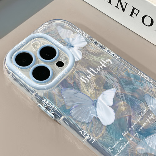 水波纹蝴蝶适用苹果17promax奶油羽纱纹卡通透明手机壳iphone16可爱华为苹果11创意可爱保护套防摔15Pro全包