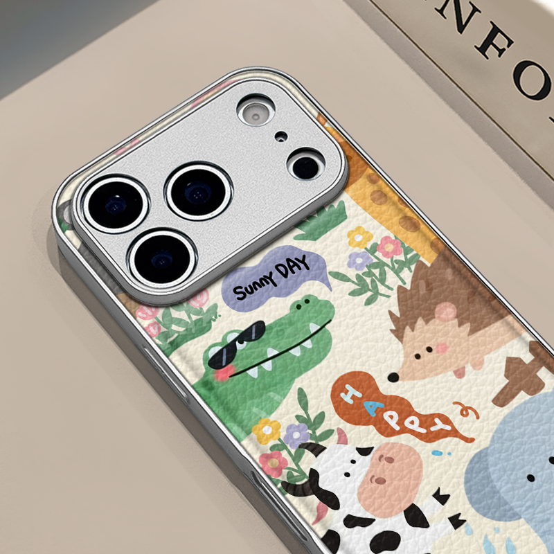 快乐动物园适用苹果17pro手机壳16pm金属鼓状皮纹华为p80防摔可爱mate70保护套荣耀oppo防摔小米