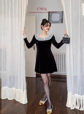 UNANA新品F7213十三行U+MINI圣诞年会系列法式方领收腰丝绒连衣裙