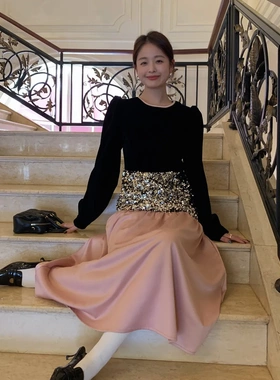 诠释美 NEWOPEN 2023冬季法式设计感复古显瘦撞色鱼尾连衣裙85080