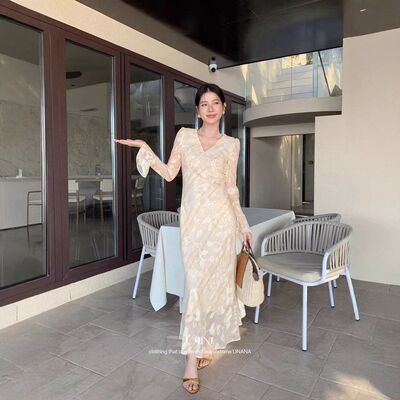 U+MINI十三行D7232新品法式复古小女人斜裁V领扎染工艺显瘦连衣裙