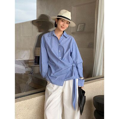 THE MIND 不规则收腰绑带条纹衬衫2026春季气质通勤衬衣T6058C