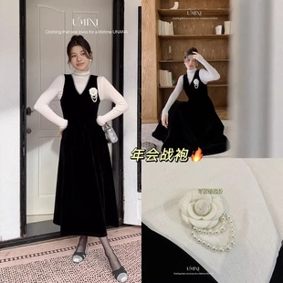 山茶花胸针连衣裙 MINI圣诞年会系列法式 UNANA新品 F5613十三行U