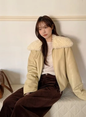 DIGM | 2025秋冬琥珀流光毛领机车皮衣夹克棉服短外套女A60707