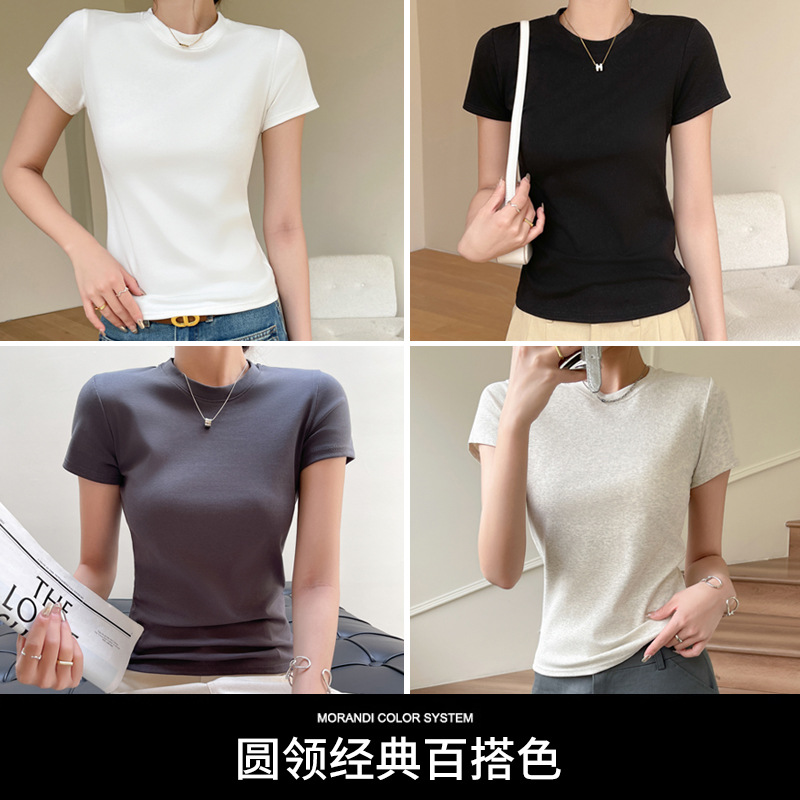 纯棉小圆领正肩短袖t恤女式春夏季可外穿大码修身打底衫可穿200斤