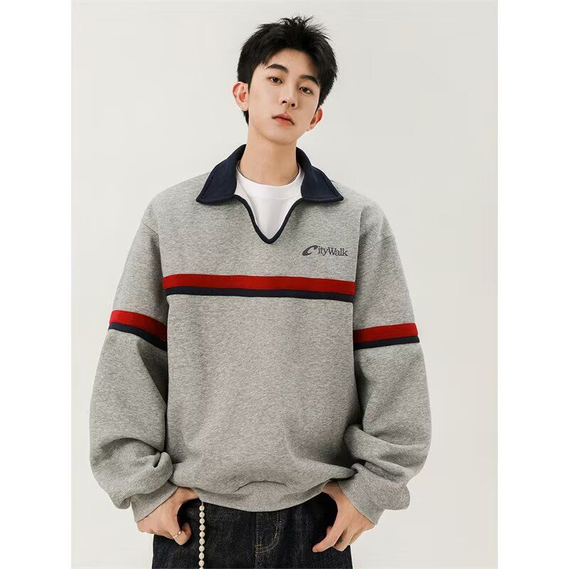 秋冬潮牌港风拼色长袖Polo衫男刺绣字母美式复古宽松半拉链卫衣潮