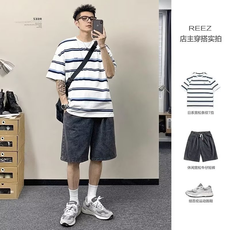短袖t恤男士夏季薄款一套条纹上衣潮流搭配裤子五分短裤帅气套装