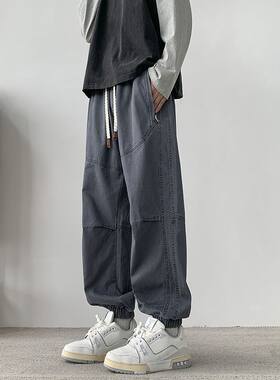 秋冬季美式高腰复古弯刀阔腿裤男女宽松束脚大码百搭休闲裤子嘻哈