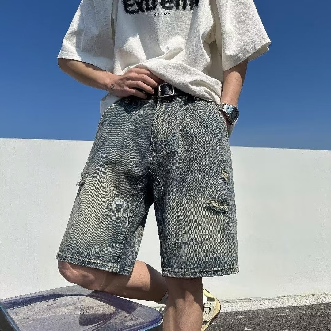 五分牛仔短裤男韩版破洞宽松修身夏季薄款七分休闲中裤复古大码潮