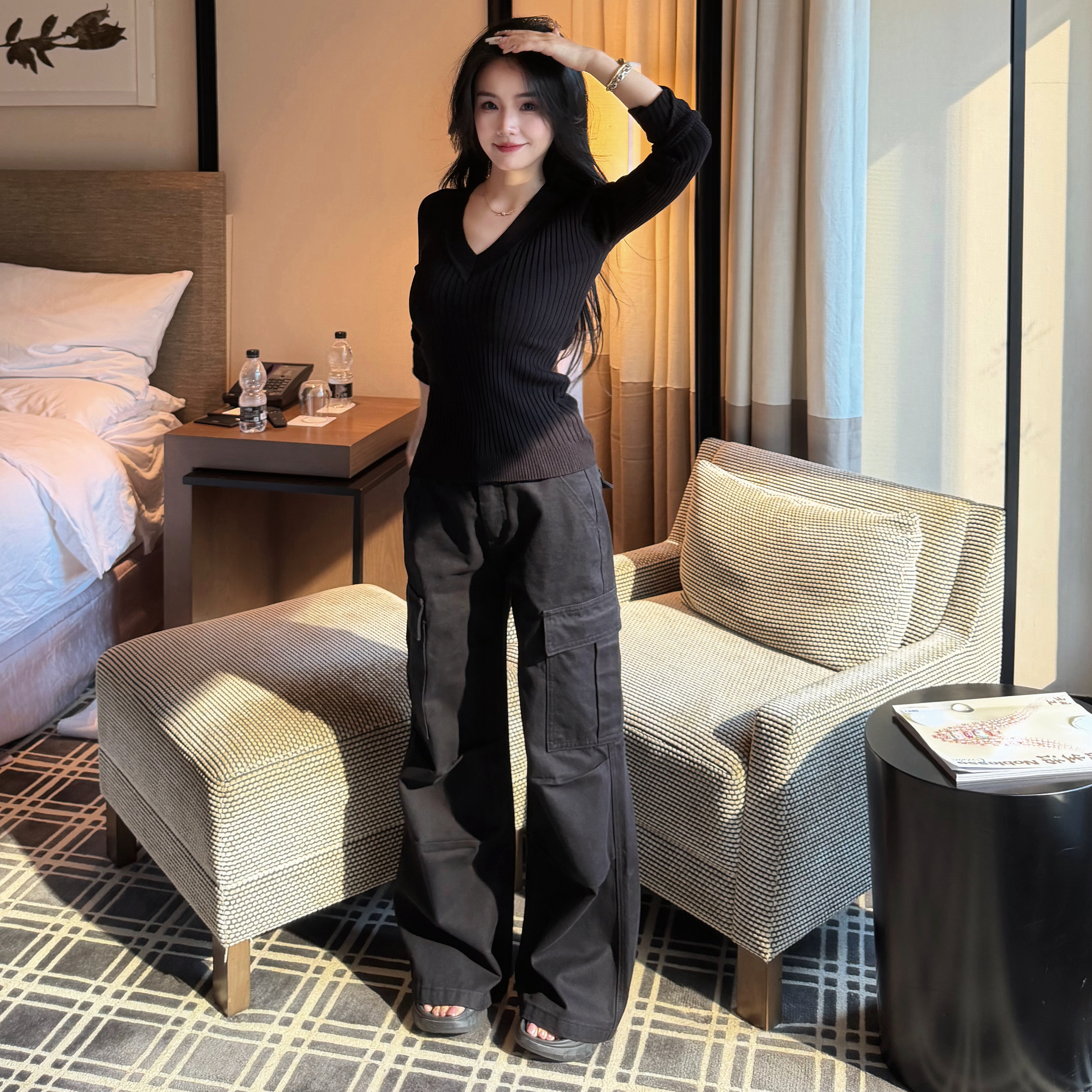 自在小个子机能黑色牛仔工装裤大口袋宽松显瘦纯棉牛仔裤女长裤