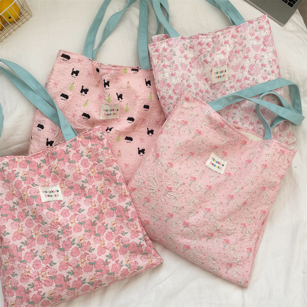 佑木包袋甜美碎花压花单肩包双层购物袋可爱学生休闲磁扣腋下包女