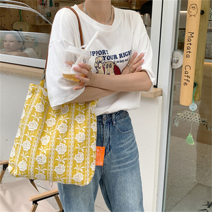 佑木包袋姜黄玫瑰刺绣布包单肩包手拿化妆包小清新手提布袋学生女