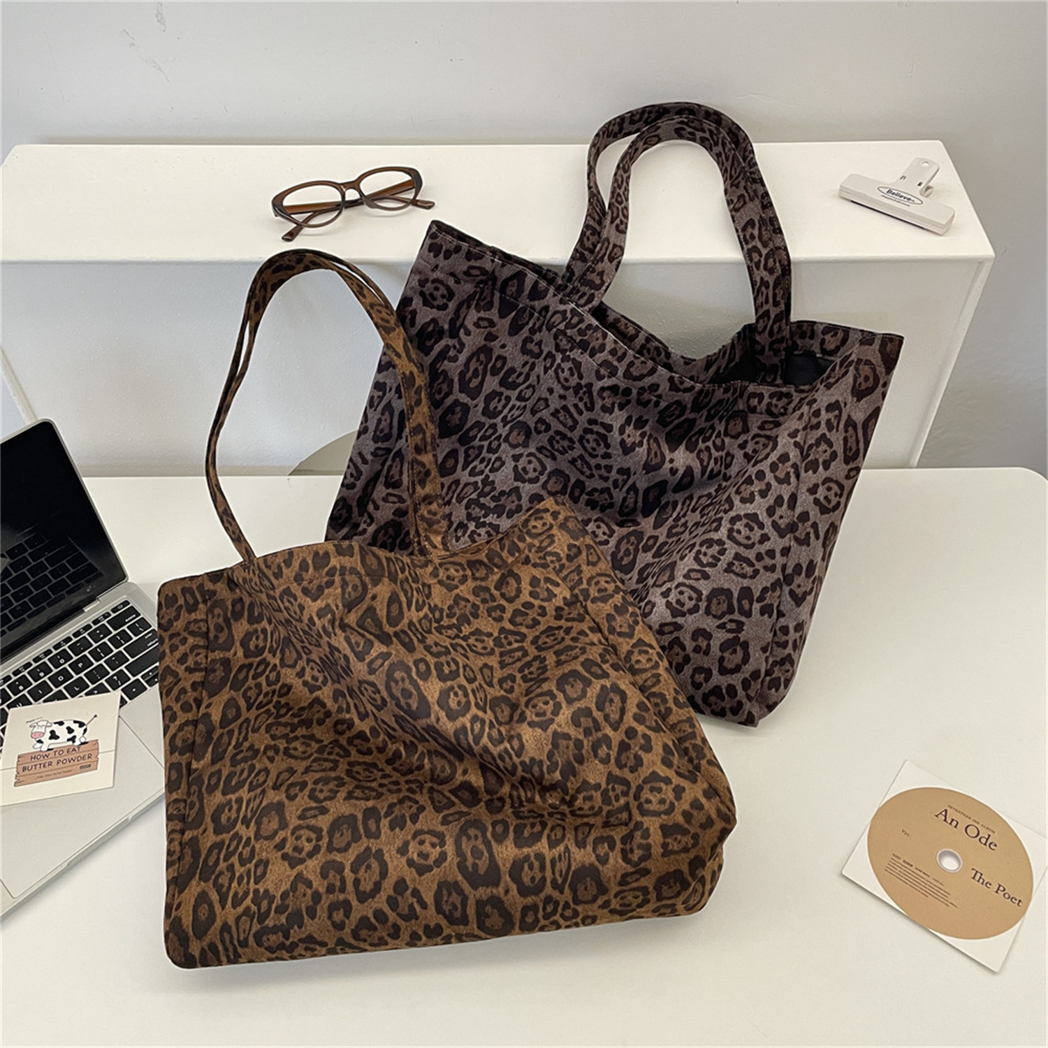 韩系复古仿麂皮绒豹纹敞口单肩包