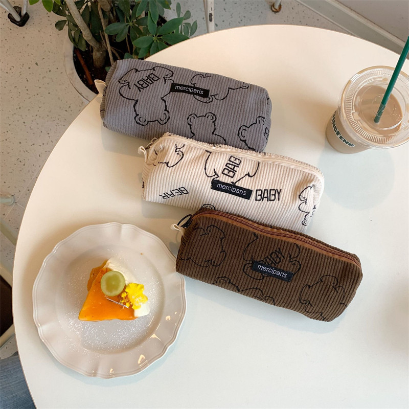 佑木包袋 ins可爱灯芯绒baby熊拉链笔袋学生文具盒收纳袋化妆