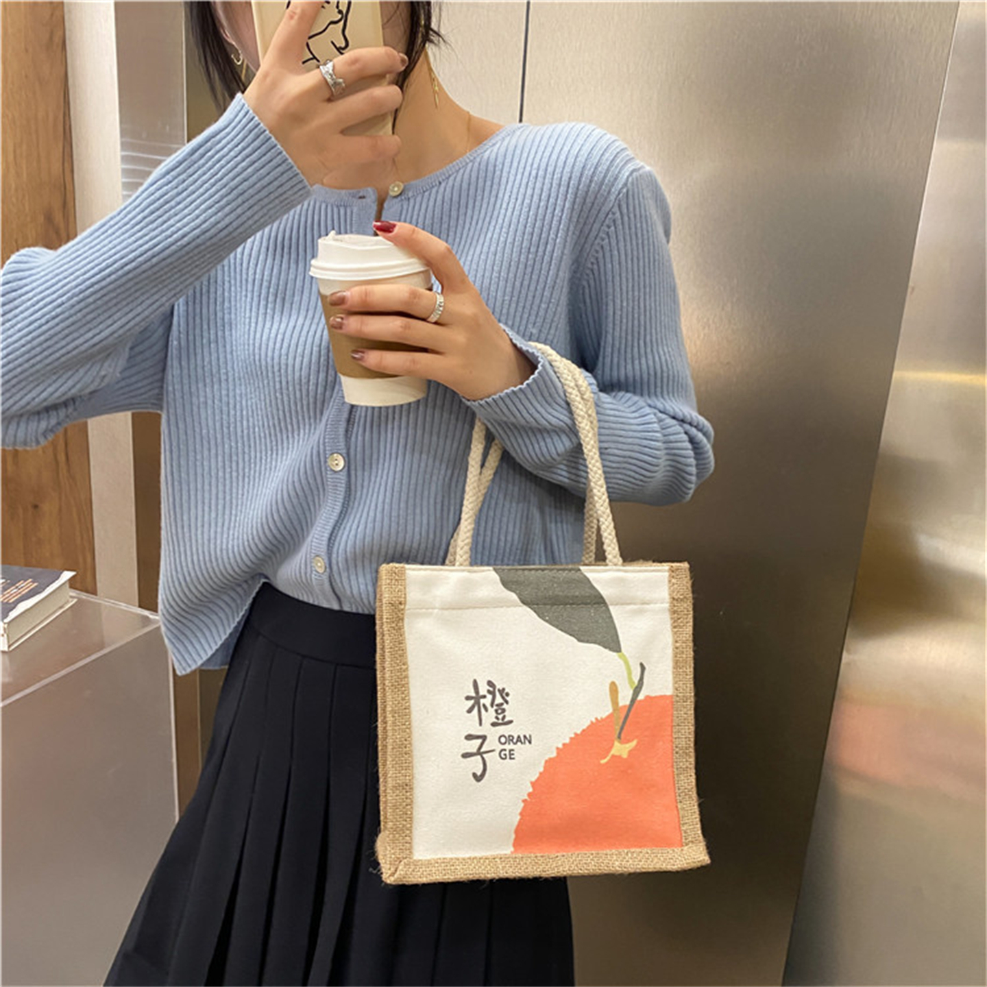 佑木包袋印花帆布拉链便当包手拎包手提袋韩风棉麻小方包女托特包