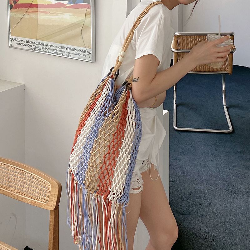 民族风拼色流苏手工编织沙滩包女