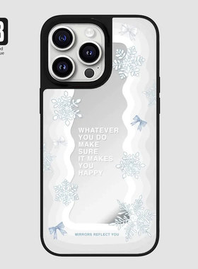 雪花蝴蝶结魔镜文字苹果16pro手机壳iphone15max高级感蓝色14英文13小众12简约11高级感plus镜面XR保护套适用