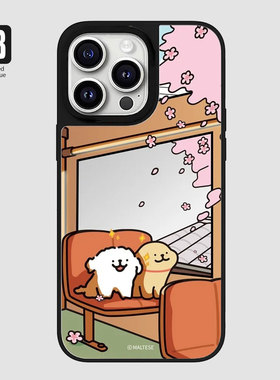 韩国可爱线条小狗镜面苹果16pro手机壳iphone15max14131211plusXR保护套适用卡通少女樱花小众补妆镜子高级感